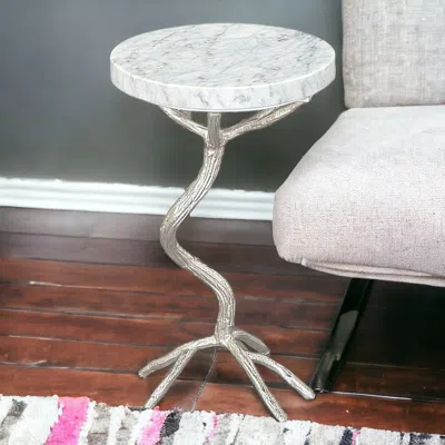 Homezia 22" Silver Aluminum Twigs And White Marble Round End Table