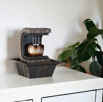 Homezia 10" Brown Textured Polyresin Tabletop Fountain With Led Light