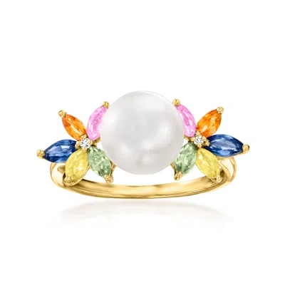 Ross-simons 8-8.5mm Cultured Pearl And Multicolored Sapphire Ring With Diamond Accents In 14kt Yellow Gold In Blue