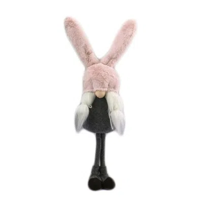 Homezia 20" Gray And Pink Fabric Bunny Ears Sitting Gnome