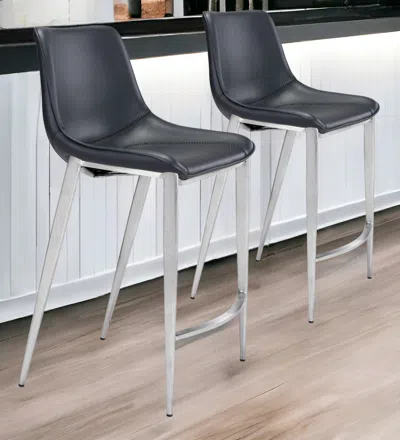 Homezia Set Of Two 26" Black And Silver Steel Low Back Counter Height Bar Chairs