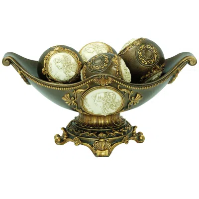 Homezia 8" Bronze Polyresin Classical Greek Decorative Bowl With Orbs