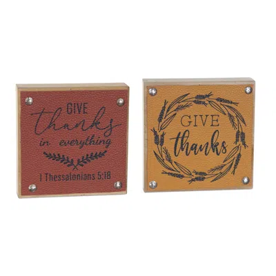 Houzbling Give Thanks Sign (set Of 6) 5"sq Mdf/faux Leather