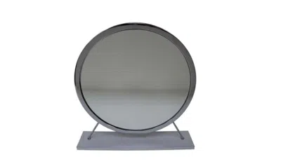 Homezia 19" Faux Fur, Mirror, White & Chrome Finish Round Makeup Shaving Tabletop Mirror