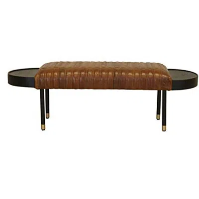 Homezia Warm Brown Leather And Solid Wood Bench