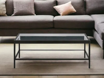 HOMEZIA 45" CLEAR AND BLACK GLASS AND STEEL COFFEE TABLE WITH SHELF 
