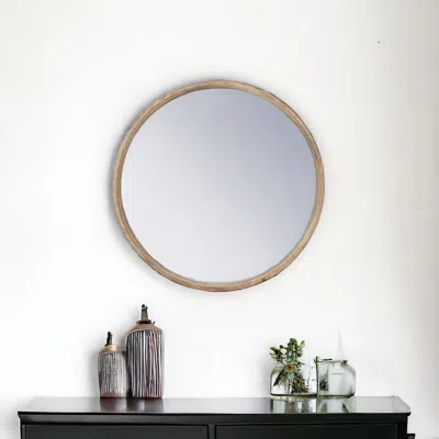Homezia 28" Natural Rustic Brown Wood Frame Round Wall Mounted Accent Mirror