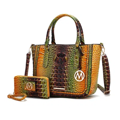 Mkf Collection By Mia K Bonnie Gradient Rainbow Faux Crocodile-embossed Vegan Leather Women's Satchel With Wallet By Mia K In Brown