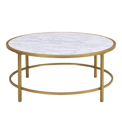 Homezia 36" White And Gold Faux Marble Round Coffee Table