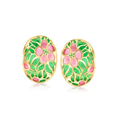 Ross-simons Italian Pink And Green Enamel Floral Earrings In 14kt Yellow Gold In Yellow