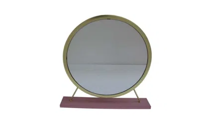 Homezia 19" Faux Fur, Mirror, Pink & Gold Finish Round Makeup Shaving Tabletop Mirror