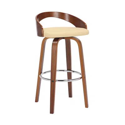 Homezia 30" Cream And Brown Faux Leather And Solid Wood Swivel Low Back Bar Height Bar Chair
