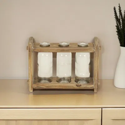 Homezia 7" Set Of Three Glass Jars In A Wood Rack