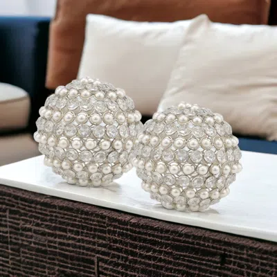 Homezia Set Of Two 5" Silver And Clear Faux Crystal Decorative Orb Sculptures