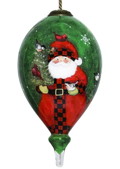 Homezia Green Plaid Santa Hand Painted Mouth Blown Glass Ornament