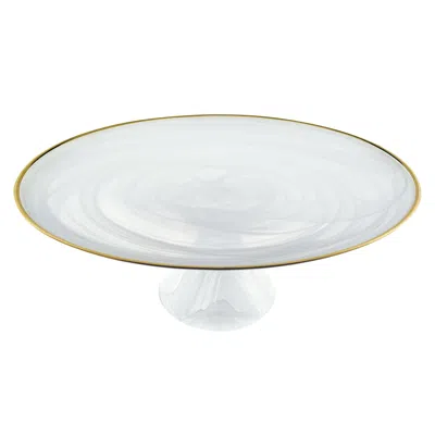 Homezia Handcrafted Optical Glass And White Gold Footed Cakestand With Gold Rim In Multi