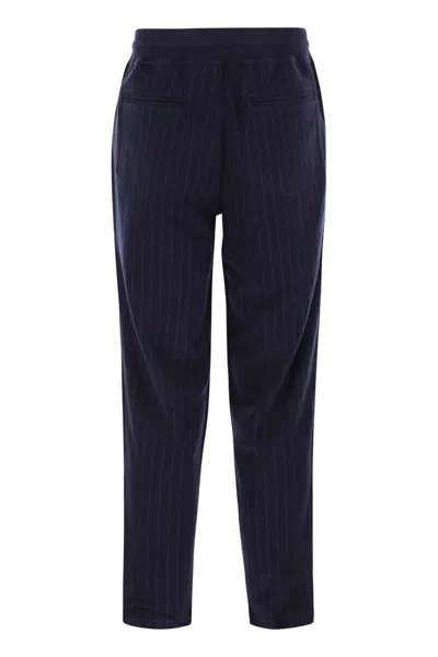 Shop Brunello Cucinelli Double Pinstripe Fleece Trousers In Cotton, Cashmere And Silk In Marine Blue