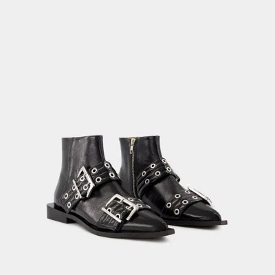 Shop Ganni Feminine Buckle Ankle Boots In Black