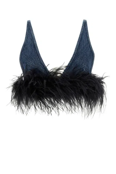 Miu Miu Denim Feathers Embellishment Top In Blunero