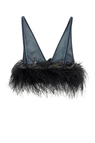 Miu Miu Denim Feathers Embellishment Top In Blunero