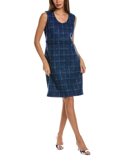 St John Fringed Woven Short Sleeve Dress In Blue