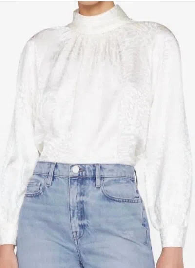 Frame Foldover Mock Neck Jacquard Silk Blouse In White