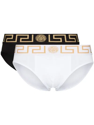 Versace Pack Of Two Boxer Shorts With Greek Motif In Black/white/gold
