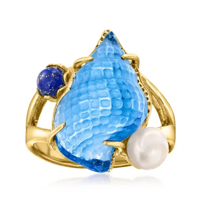 Ross-simons Italian Tagliamonte Blue Venetian Glass Seashell Ring With Lapis And 5.5-6mm Cultured Pearl In 18kt  In Yellow