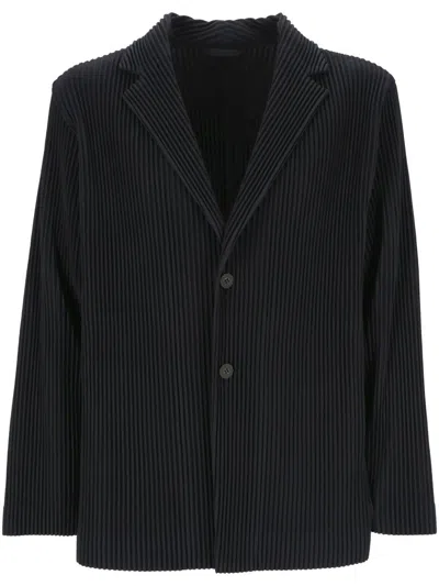 Issey Miyake Textured Pleated Lapel Jacket In Blue