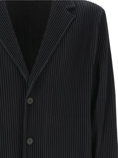 Issey Miyake Textured Pleated Lapel Jacket In Blue