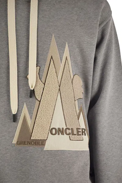 Moncler Cotton Hoodie With Hood And Drawstring In Light Grey
