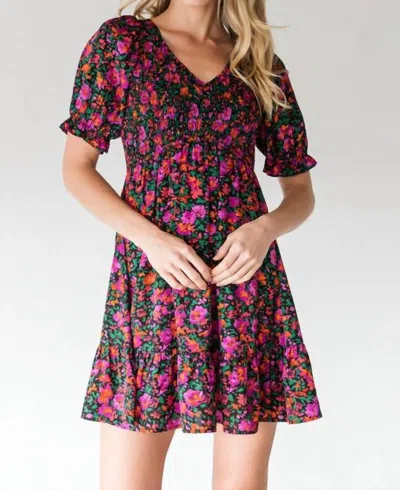 Jodifl Floral Print Smocked Baby Doll Dress In Black In Black