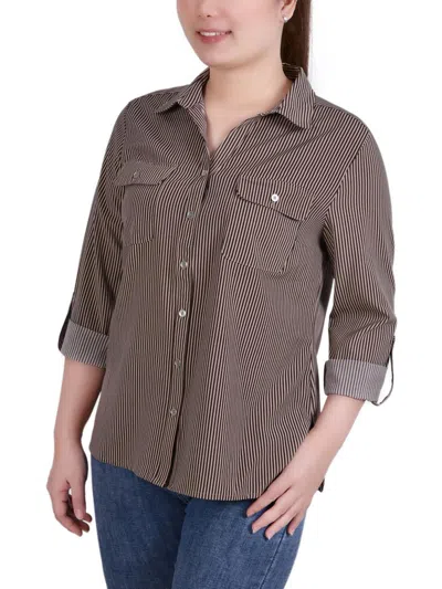 Ny Collection Plus Size 3/4 Sleeve Roll Tab Notch Collar Blouse Top In Multi
