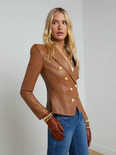 L Agence Bethany Leather Tapered Blazer In Soft Cognac