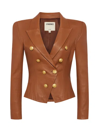 L Agence Bethany Leather Tapered Blazer In Soft Cognac