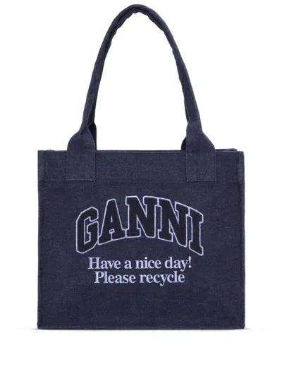 Shop Ganni Denim Large Tote Bag In Blue