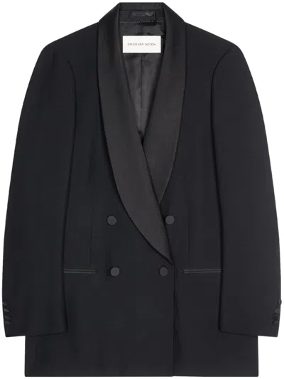 Dries Van Noten Double-breasted Satin-trimmed Wool-blend Blazer In 900 Black