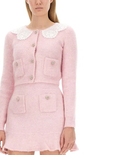 Shop Self-portrait Ribbed Cardigan In Pink