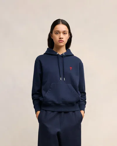 Ami Alexandre Mattiussi Ami Navy Blue Cotton Jersey Hoodie With Signature Monogram In Night Blue