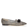 JIMMY CHOO GALA Anthracite Lace Crystal and Pearl Embellished Pointy Toe Flats with Bow Detail