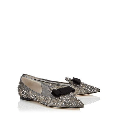 Shop Jimmy Choo Gala Anthracite Lace Crystal And Pearl Embellished Pointy Toe Flats With Bow Detail