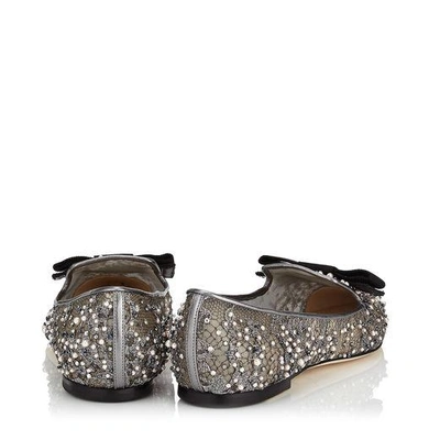 Shop Jimmy Choo Gala Anthracite Lace Crystal And Pearl Embellished Pointy Toe Flats With Bow Detail