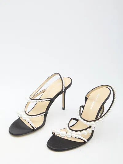 Mach&mach Sirene Pearly Stud Satin Strappy Sandals In Black