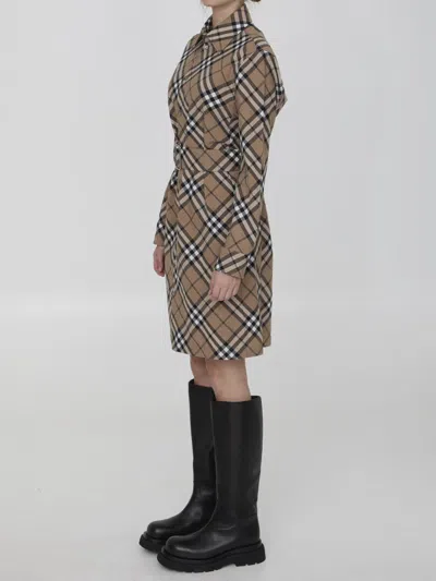 Burberry Waist Belted Shirt Dress With Checked Pattern In Brown