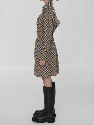Burberry Waist Belted Shirt Dress With Checked Pattern In Brown