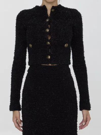 Balenciaga Crop Bouclé Cardigan In Black