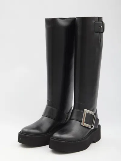 Roger Vivier High Leather Knee-length Boots With Adjustable Side Strap In Black