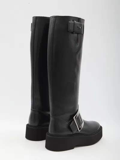 Roger Vivier High Leather Knee-length Boots With Adjustable Side Strap In Black
