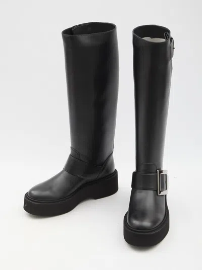 Roger Vivier High Leather Knee-length Boots With Adjustable Side Strap In Black