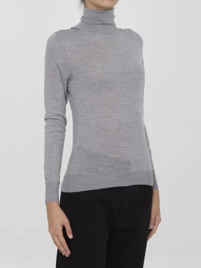 Saint Laurent Embroidered Wool Turtleneck Sweater In Grey
